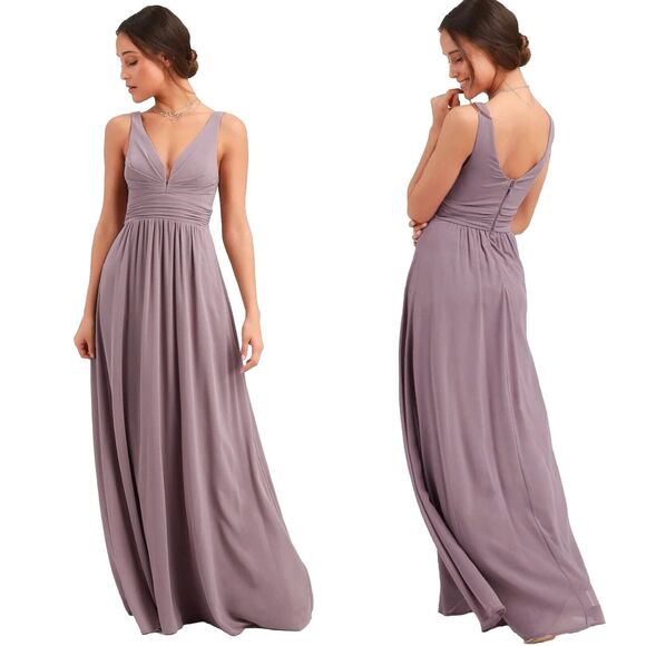 Lulus Maxi Dress Size M Lilac Taupe Ruched A-Line Chiffon Gown LEADING ROLE - Picture 1 of 11